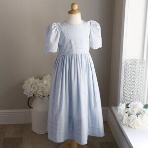 Strasburg Blue Dress 100% Cotton Linen Size 6 Hand Embroidery French Tucks RARE